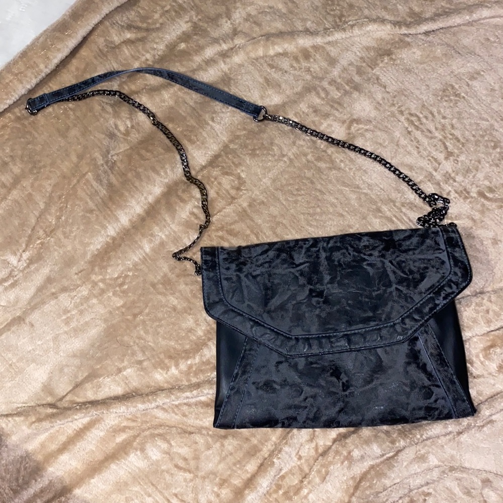 Gray and black suede crossbody purse with metal strap